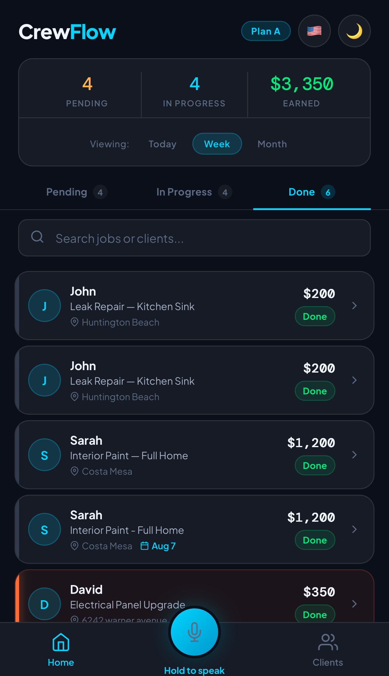 CrewFlow dashboard showing pending, in-progress, and earned jobs for a field service crew